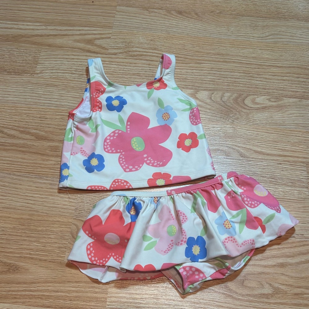 LL Bean Toddler Girls 4T Floral Two Piece Swimsuit Tankini Skirted Pink Blue